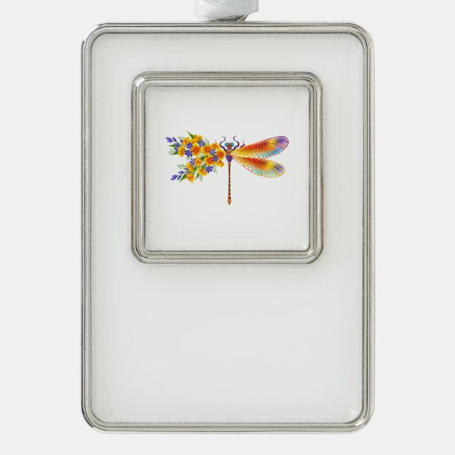 Yellow Flower Dragonfly Silver Plated Framed Ornament (Front)