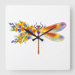 Yellow Flower Dragonfly Square Wall Clock
