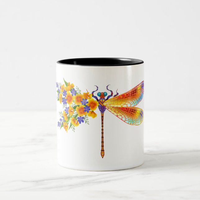 Yellow Flower Dragonfly Two-Tone Coffee Mug (Center)