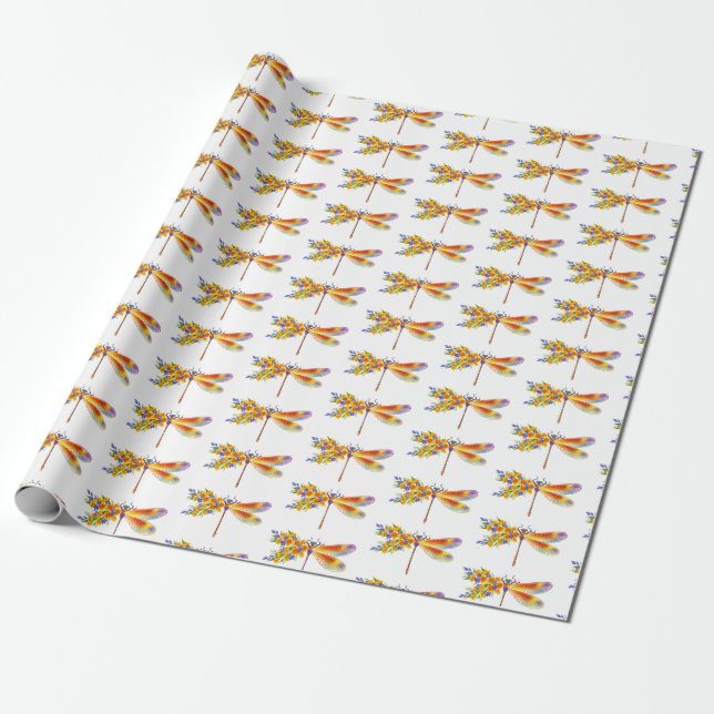 Yellow Flower Dragonfly Wrapping Paper (Unrolled)