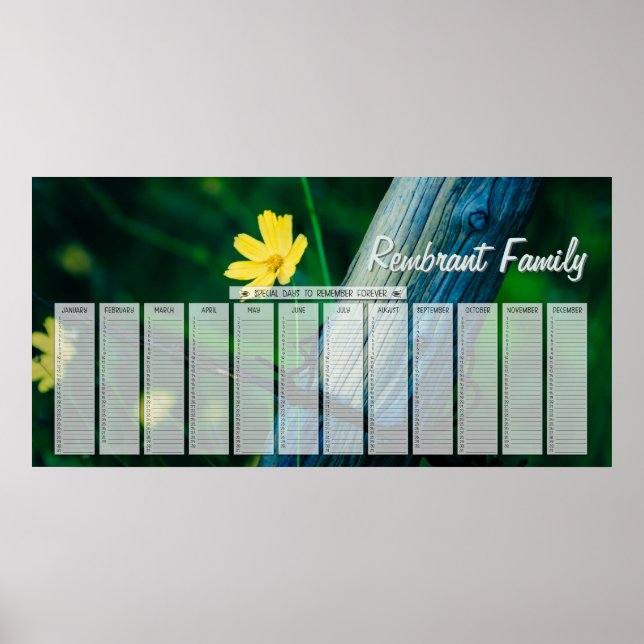 Yellow Flower Fencepost Family Birthday Calendar Poster (Front)