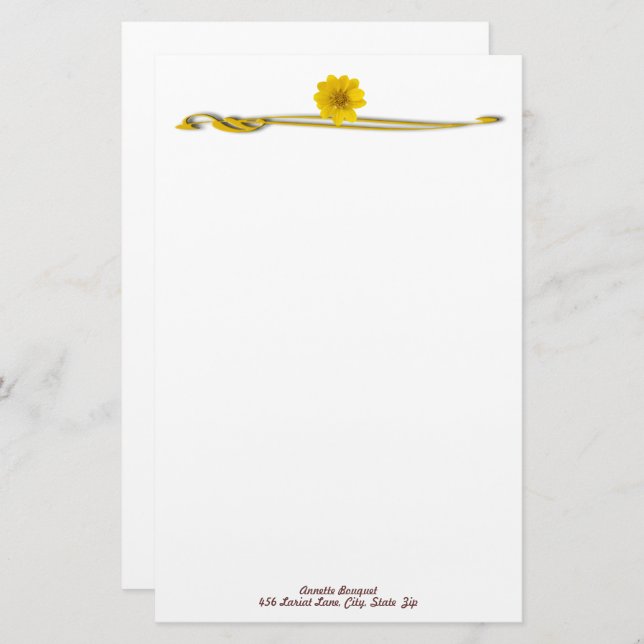 Yellow Flower Flourish Border Custom Stationery (Front/Back)