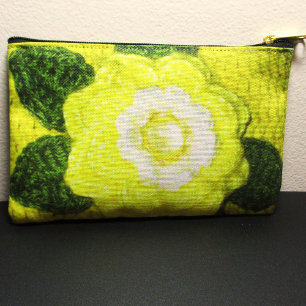 Yellow Flower Green Leaves Artisan Crochet Print   Accessory Pouch