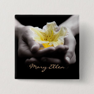 Yellow Flower In Hands With Name 15 Cm Square Badge