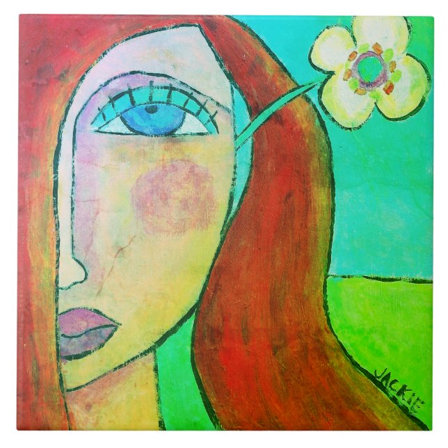 Yellow Flower in Her Hair Abstract Portrait  Ceramic Tile (Front)