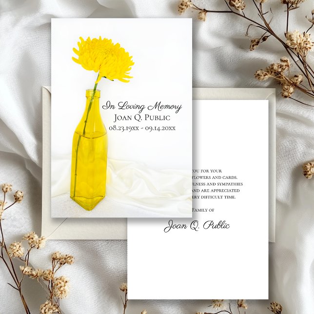 Yellow Flower in Vase Funeral Memorial Sympathy Thank You Card (Creator Uploaded)