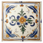 Yellow Flower Mediterranean Blue Cream Floral Ceramic Tile<br><div class="desc">summery sicilian ceramic tile, italian hand painted pattern, mediterranean orange portuguese design, gold cream blue and white, summer dark flowers floral, minimalist minimal simple portugal, authentic classic traditional painting, vintage retro antique rustic, folk art spanish mexican talavera, indigo golden yellow flower</div>