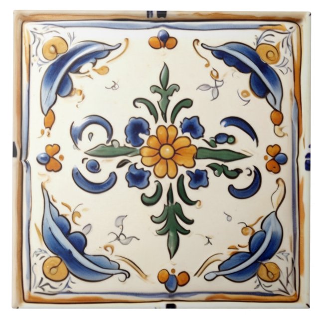 Yellow Flower Mediterranean Blue Cream Floral Ceramic Tile (Front)