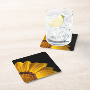 Yellow flower on  black background square paper coaster