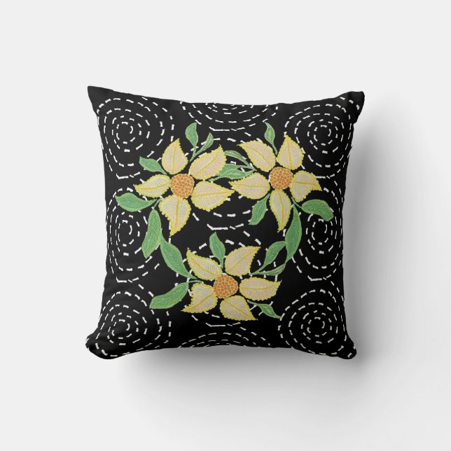 Yellow Flower on White Stitched Black Throw Pillow (Front)