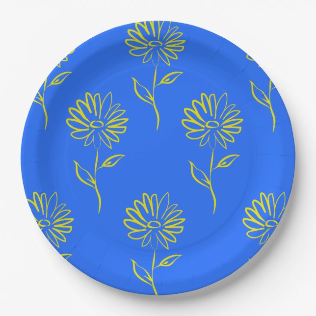 Yellow Flower Outline In A Blue Background Paper Plate (Front)