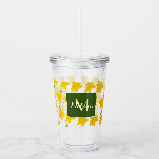  Yellow Flower Pattern Hand Drawn Name  Monogram   Acrylic Tumbler (Front)