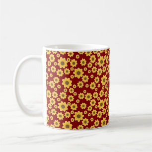 Yellow Flower Pattern on Red Background - Floral Coffee Mug