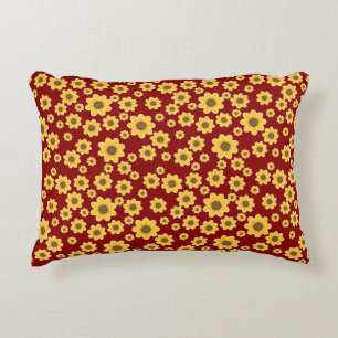 Yellow Flower Pattern on Red Background - Floral Decorative Cushion