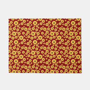 Yellow Flower Pattern on Red Background - Floral Doormat