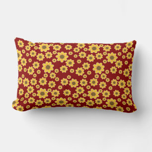 Yellow Flower Pattern on Red Background - Floral Lumbar Cushion