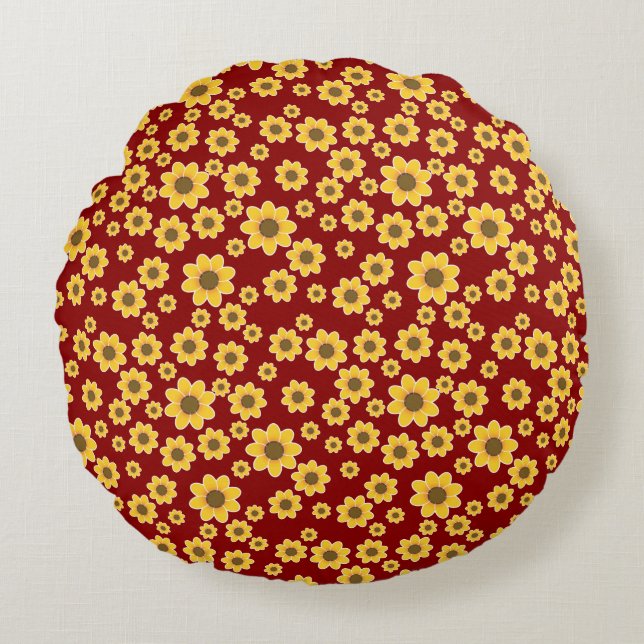 Yellow Flower Pattern on Red Background - Floral Round Cushion (Front)