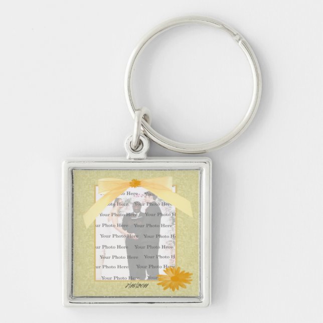 Yellow Flower Square Silver Photo Key Chain (Front)