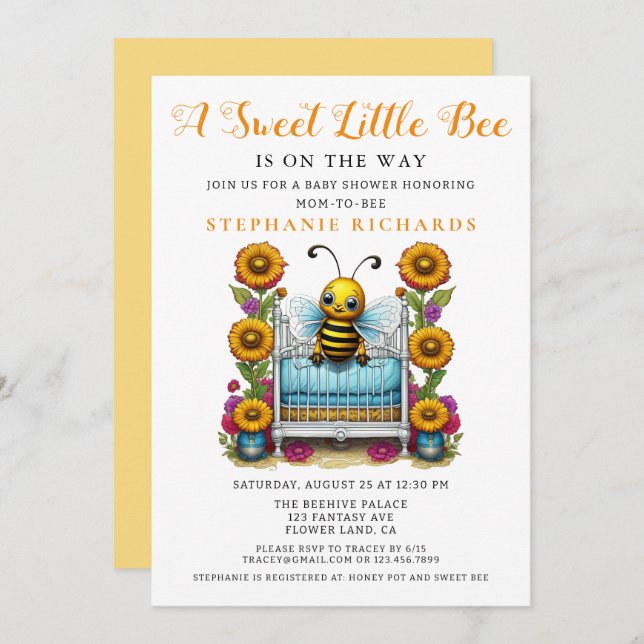 Yellow Flower Sweet Little Bee Crib Baby Shower  Invitation (Front/Back)