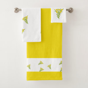 Yellow flower with green leaves on white bath towel set