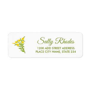 Yellow flower with green leaves on white return address label