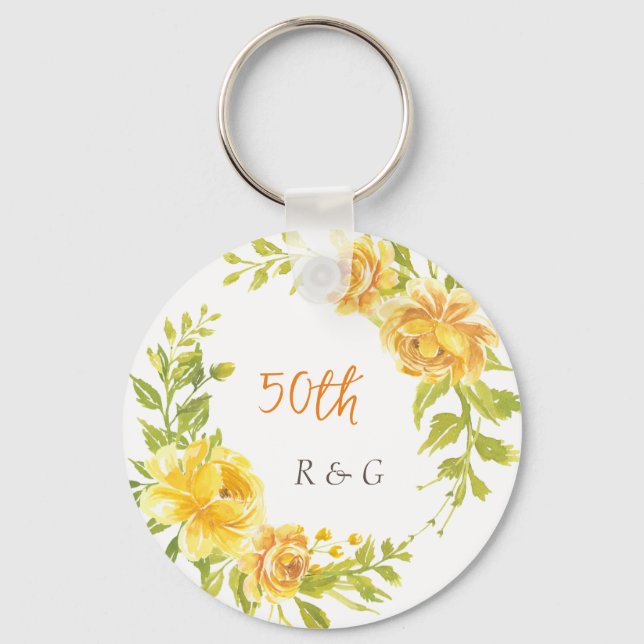 Yellow Flower Wreath 50th Wedding Monogram  Key Ring (Front)