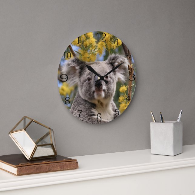 Yellow Flowering Wattle Tree With A Koala, Large Clock (Office)