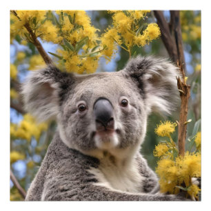 Yellow Flowering Wattle Tree With A Koala, Photo Print