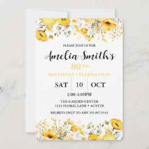 Yellow Flowers 80th Birthday Celebration Invitation