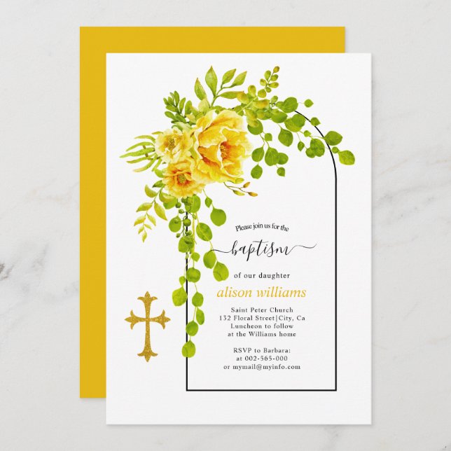 Yellow flowers and arch floral baptism invitation (Front/Back)