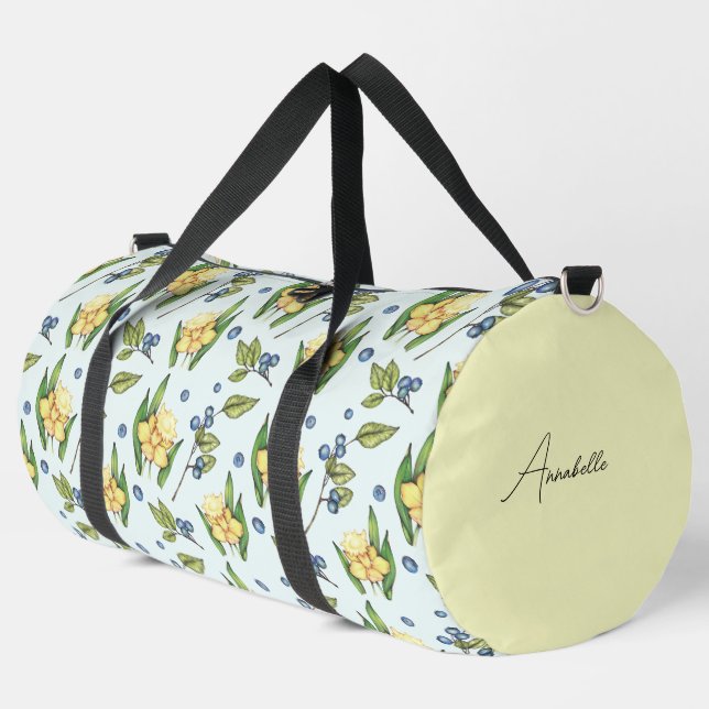 Yellow Flowers and Blueberries Name  Duffle Bag (Left Corner)