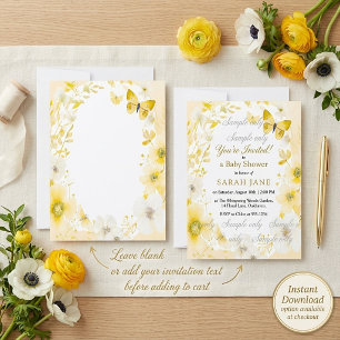 Yellow flowers and butterflies blank wedding invitation