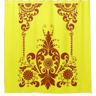 yellow flowers and curlicues print shower curtain