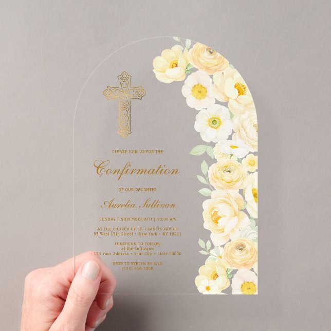 Yellow Flowers Arch Confirmation Acrylic Invitations (Insitu (Handheld))