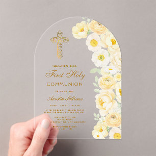 Yellow Flowers Arch First Communion Acrylic Invitations
