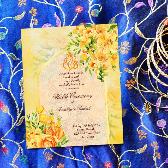 Yellow flowers arch Ganesha Haldi budget invite (Creator Uploaded)
