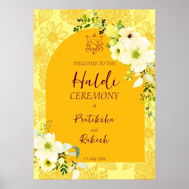Yellow flowers arch Haldi welcome sign (Front)