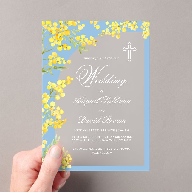 Yellow Flowers Arch on Blue Religious Wedding Acrylic Invitations (Insitu (Handheld))