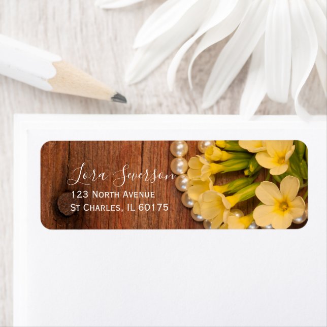 Yellow Flowers Barn Wood and Pearls Return Address Label (Insitu)