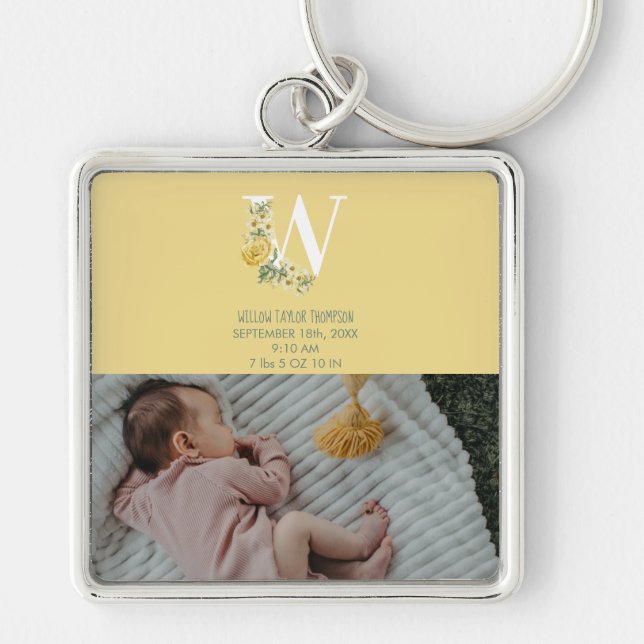 Yellow Flowers Birth Stats Birth Announcement Key Ring (Front)