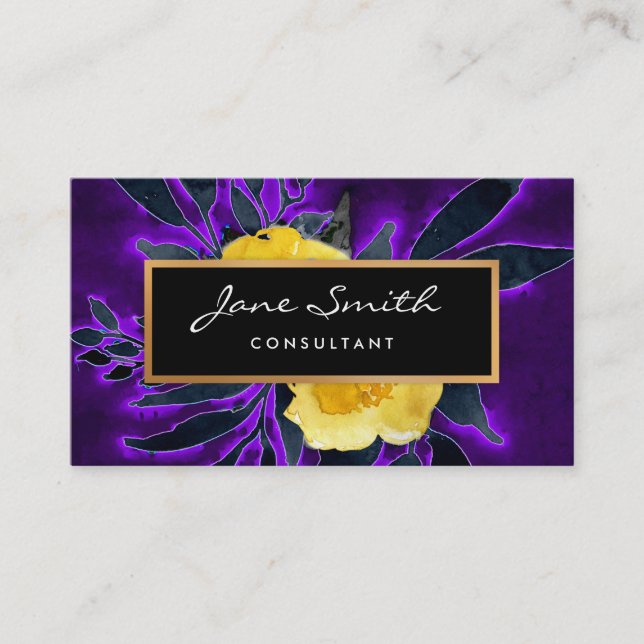 Yellow Flowers, Black and Purple Floral Business Card (Front)