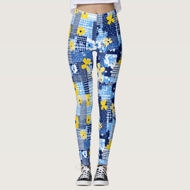 Yellow Flowers Blue Pattern Leggings (Front)