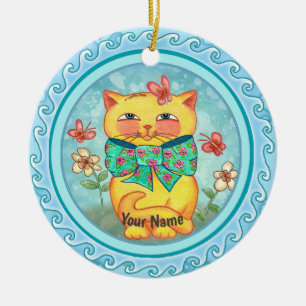 Yellow Flowers cat Ceramic Ornament