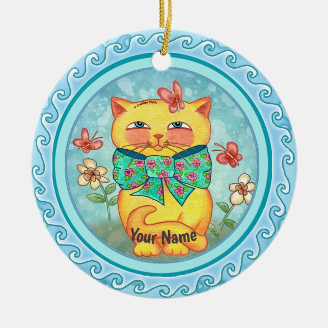 Yellow Flowers cat Ceramic Ornament (Front)