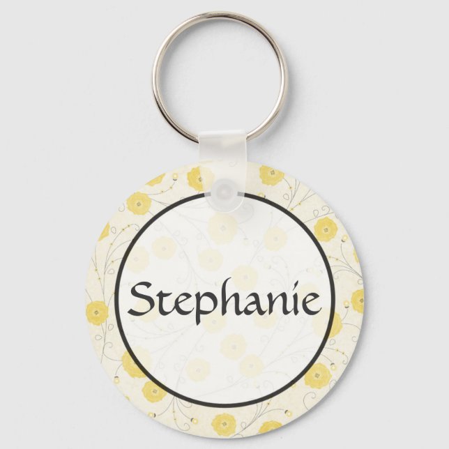 Yellow Flowers Customisable Name Button Keychain (Front)
