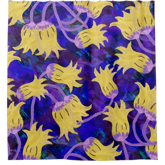 Yellow flowers: dark background watercolor artwork shower curtain (Front)