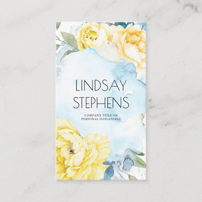 Yellow Flowers Dusty Blue Elegant Watercolor Business Card (Front)