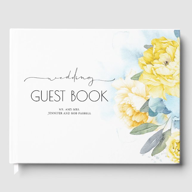 Yellow Flowers Dusty Blue Greenery Wedding Guest Book (Front)