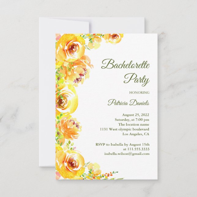 Yellow flowers. Elegant floral Bachelorette Party Invitation (Front)