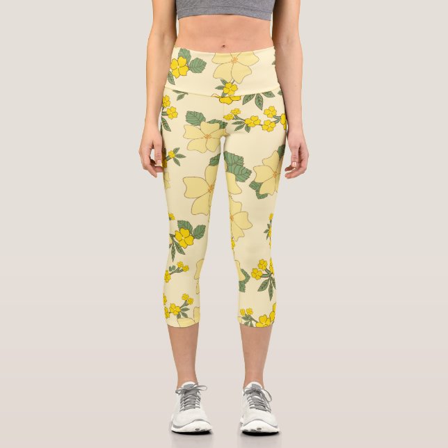 Yellow Flowers, Floral Pattern, Pattern Of Flowers Capri Leggings (Front)